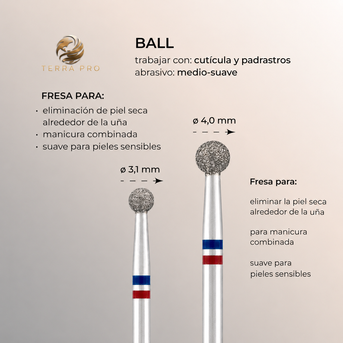 Fresa de diamante TERRA PRO "BOLA” azul y rojo, Ø3,5 mm
