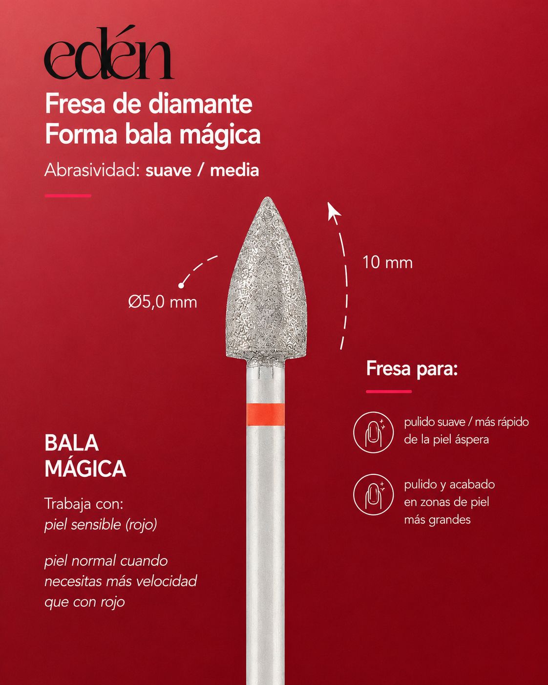 Fresa de diamante EDEN " BALA MAGICA " rojo, L-10,0 mm, Ø5,0 mm