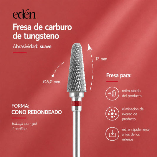 Fresa de carburo EDEN "ROUNDED CONE", rojo, L-13,0 mm, Ø6,0 mm