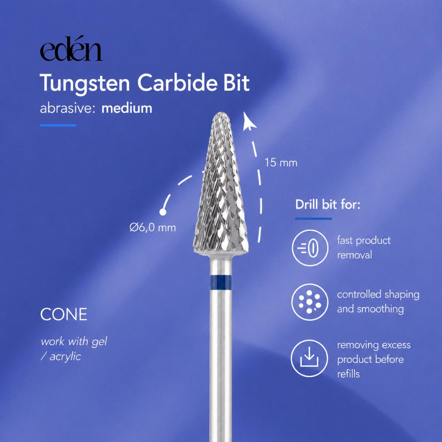 Broca de carburo EDEN " CONE ", azul, L-15,0 mm, Ø6,0 mm