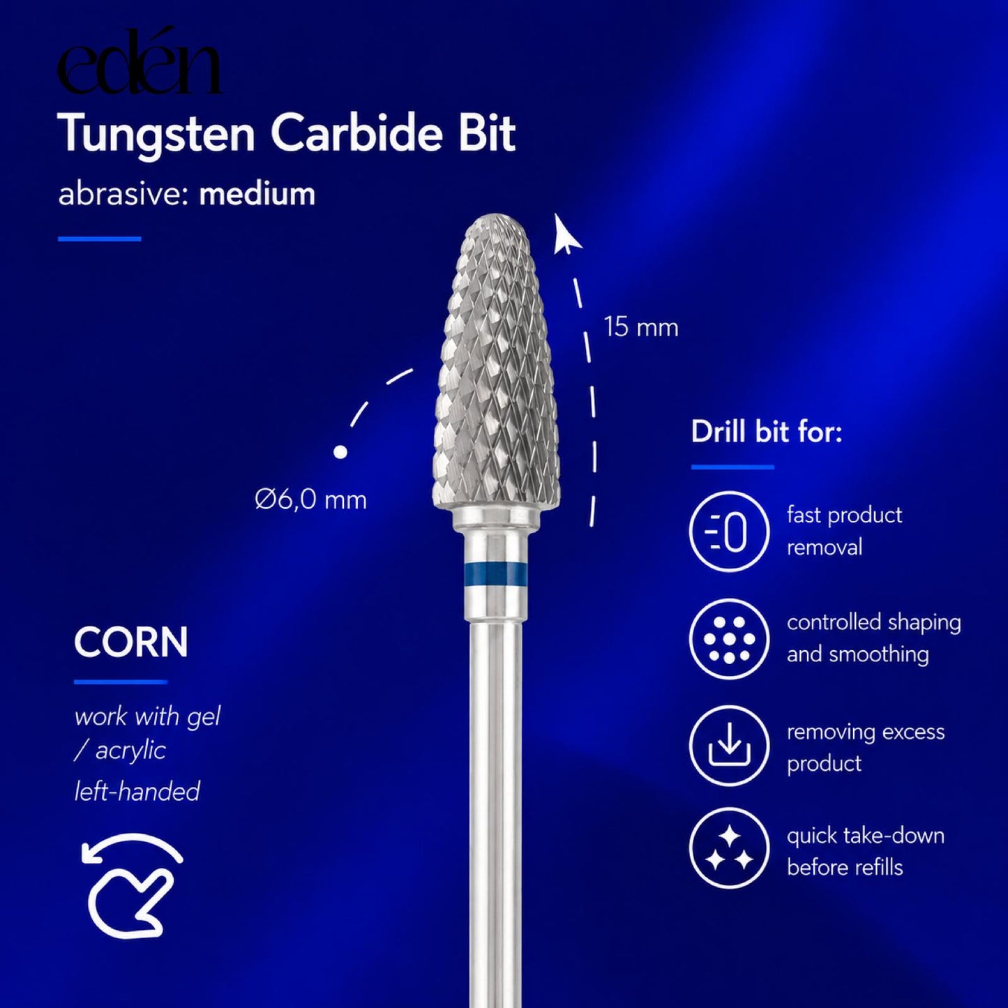 Fresa de carburo EDEN "CORN", azul, L-15,0 mm, Ø6,0 mm