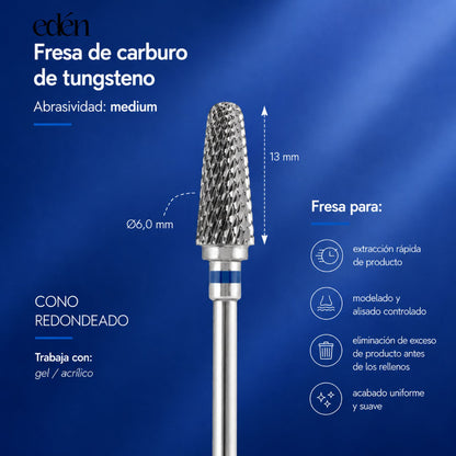 Fresa de carboneto EDEN "ROUNDED CONE", azul, L-13,0 mm, Ø6,0 mm