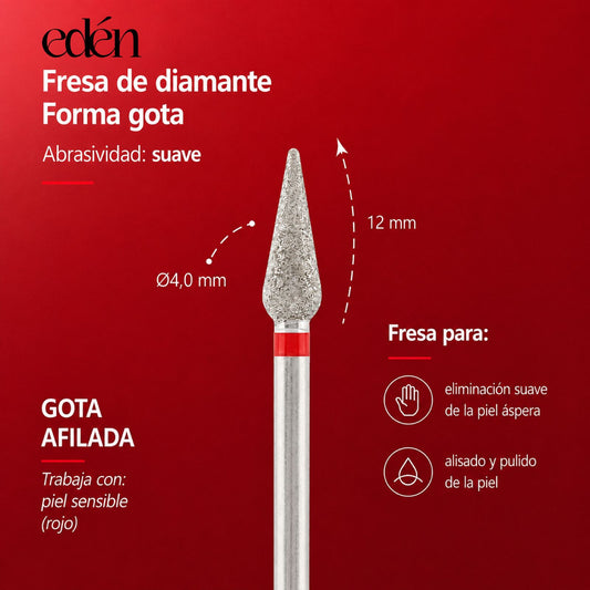 Fresa de diamante EDEN "SHARP DROP " rojo, L-12,0 mm, Ø4,0 mm