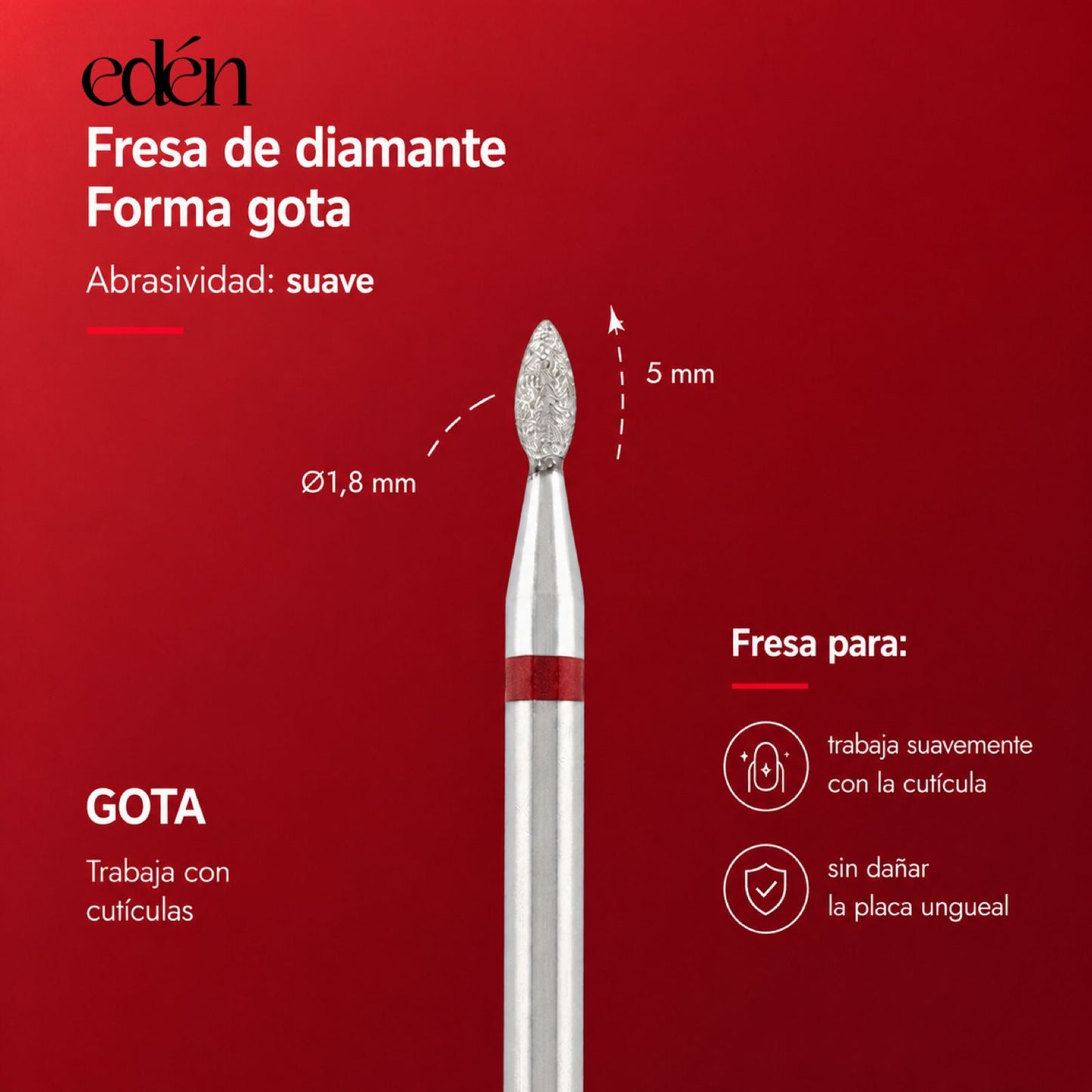 Fresa de diamante EDEN "GOTA" rojo, L- 4,5 mm, Ø1,8 mm
