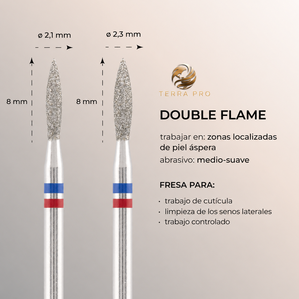 Fresa de diamante TERRA PRO "LLAMA" azul-rojo seguro, L- 8,0 mm, Ø2,1 mm