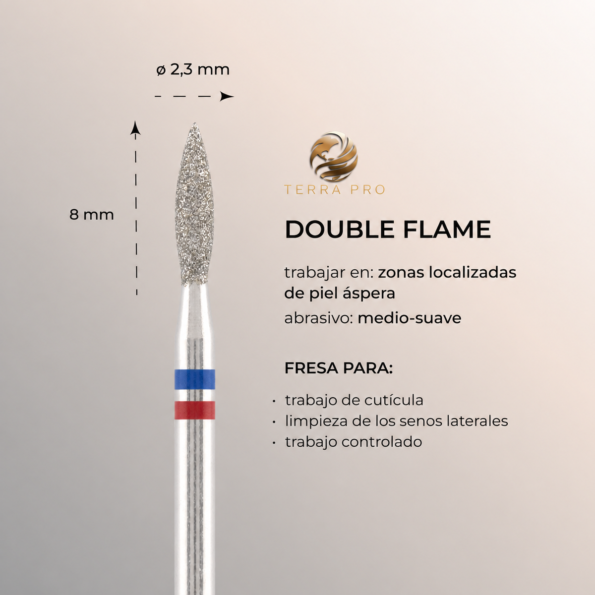 Fresa de diamante TERRA PRO "LLAMA" azul-rojo seguro, L- 8,0 mm, Ø2,1 mm