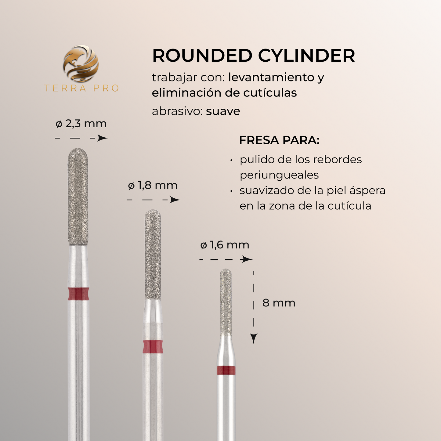 Fresa de diamante TERRA PRO "CILINDRO REDONDEADO " rojo, L-8,0 mm, Ø2,3 mm