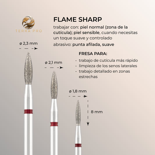 Fresa de diamante TERRA PRO "LLAMA" rojo intenso, L- 8,0 mm, Ø2,1 mm/2,3mm