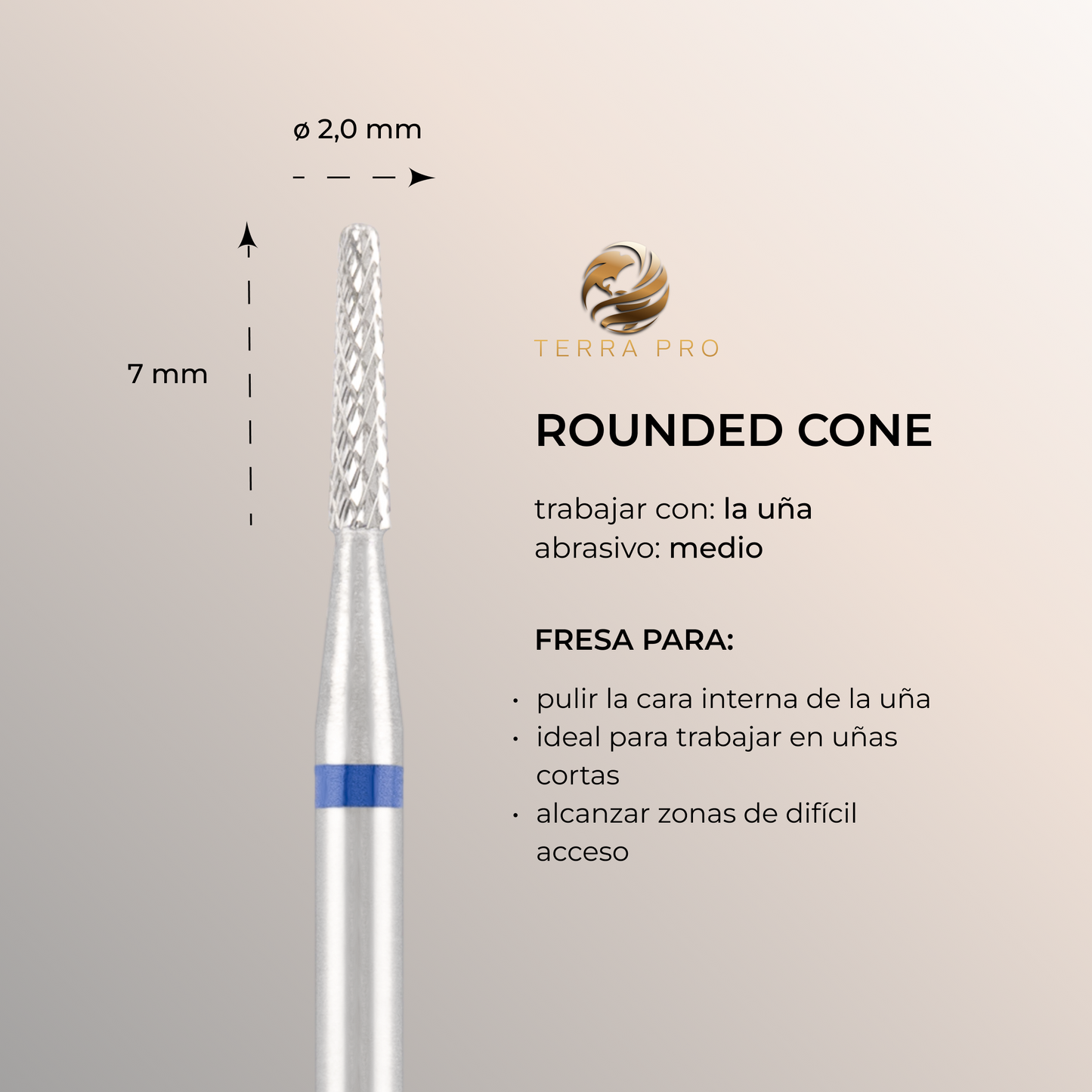 Fresa de carburo TERRA PRO  "ROUNDED CONE", azul, L-7,0 mm, Ø2,0 mm