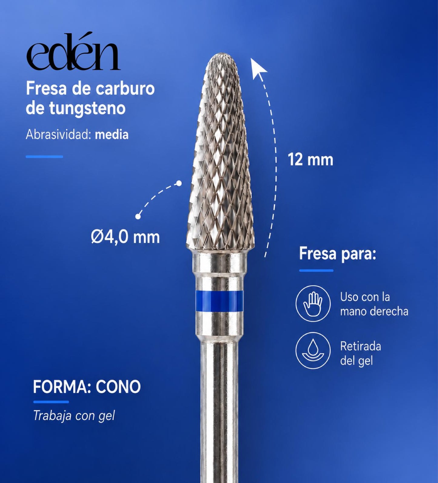 Fresa de carburo EDEN "CONO RECTO ", azul, L-12,0 mm, Ø4,0 mm