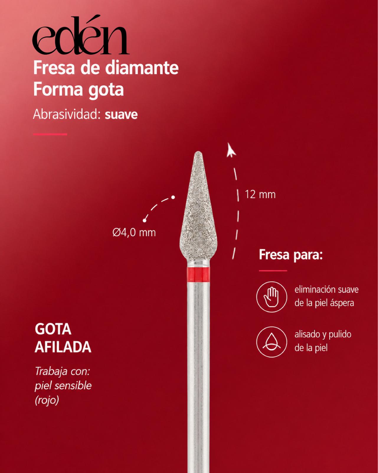 Fresa de diamante EDEN "GOTA AFILADA " rojo, L-12,0 mm, Ø4,0 mm