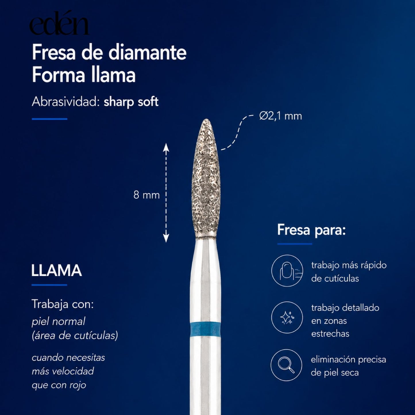 Broca de diamante EDEN "CHAMA" azul segura, L-8,0 mm, Ø2,1 mm