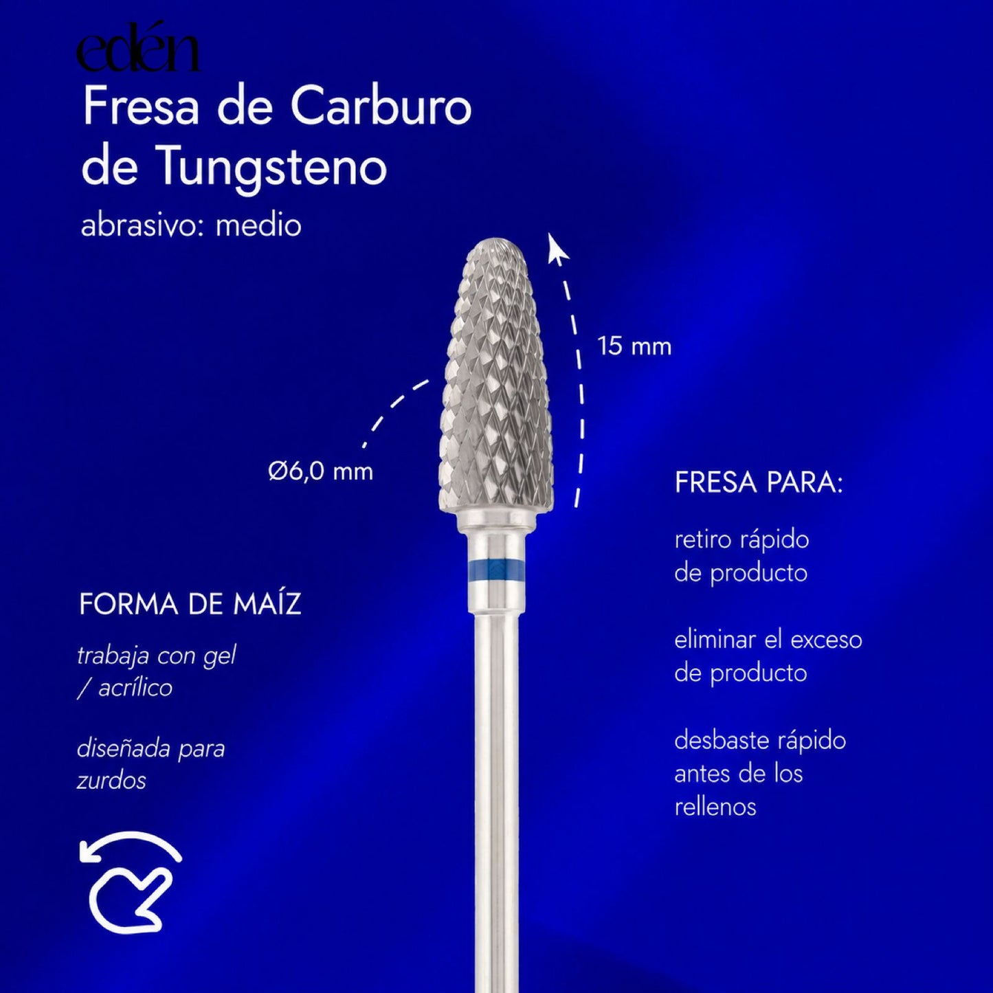 Fresa de topo de metal duro EDEN "CORN" para canhotos, azul, L-15,0 mm, Ø6,0 mm