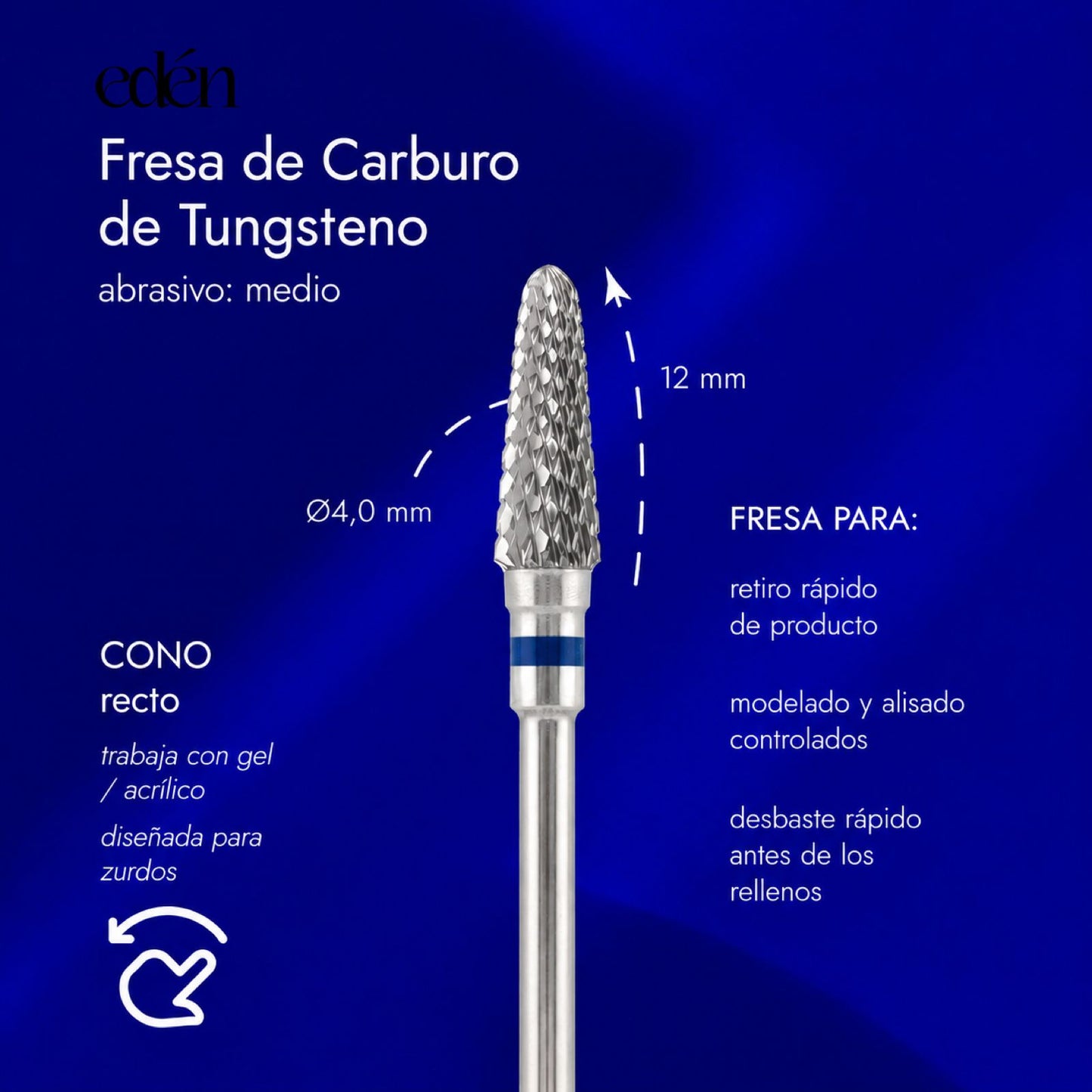 Fresa de carbureto EDEN "CONE" para canhotos, azul, C-12,0 mm, Ø4,0 mm