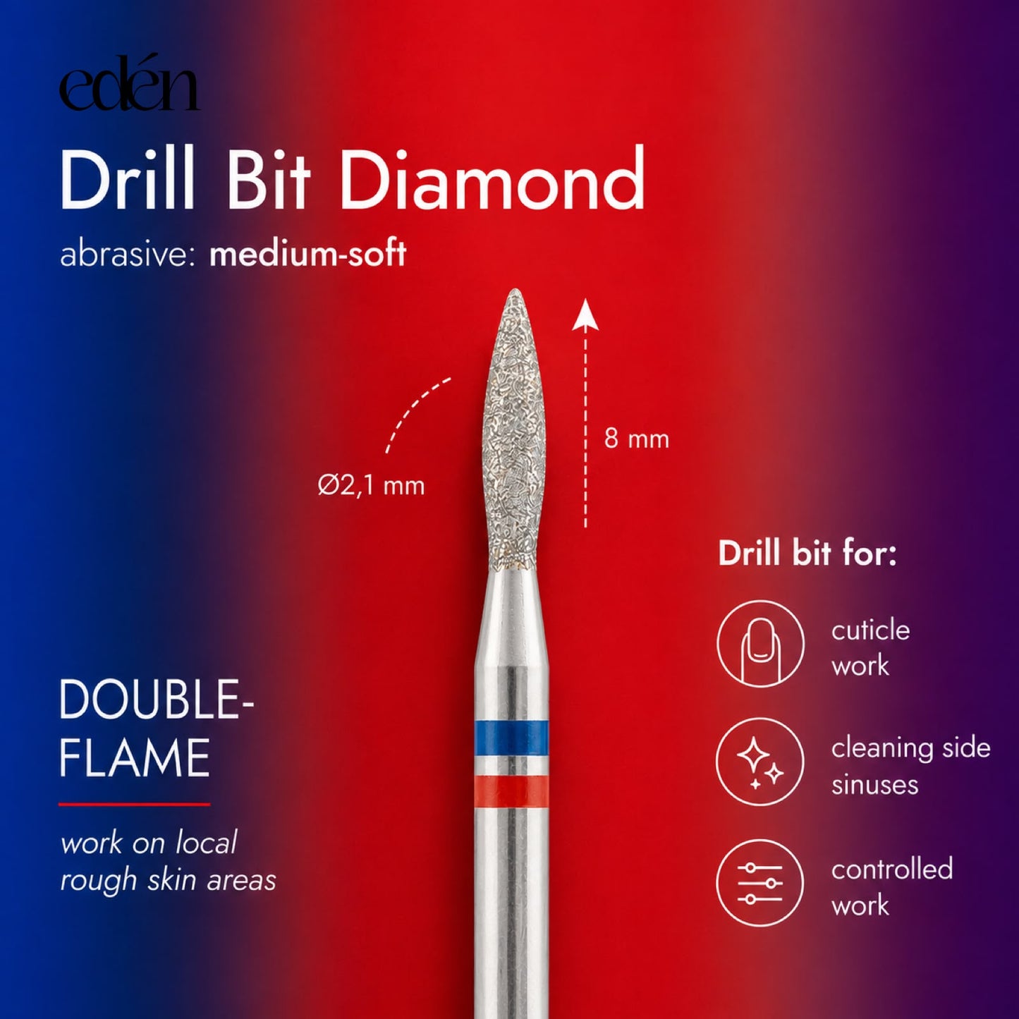 Fresa de diamante EDEN "CHAMA" azul-vermelho seguro, C- 8,0 mm, Ø2,1 mm
